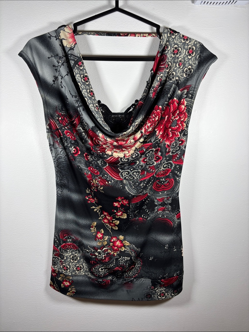 Y2K Suzy Women's Black & Red Asian Dragon Floral Cowl Neck Top Lace Sz Small